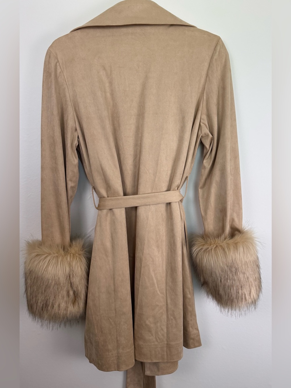 Judith March Taupe Faux Suede Waterfall Jacket Leopard Lining Faux Fur Cuffs L - Picture 16 of 16